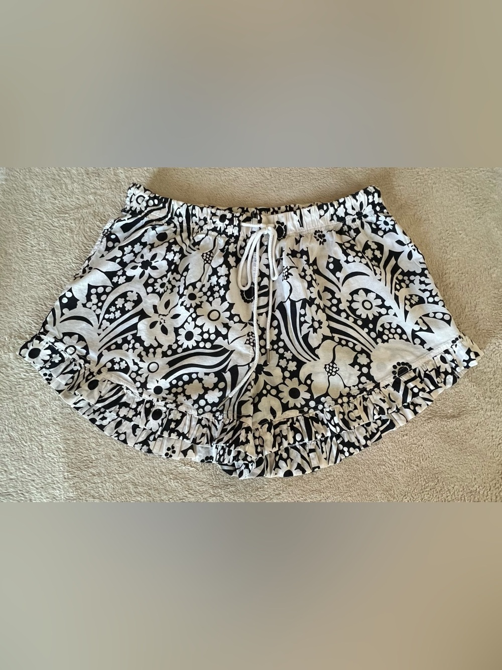 Free People Intimately Black & White Floral Ruffle Drawstring High Waist Shorts